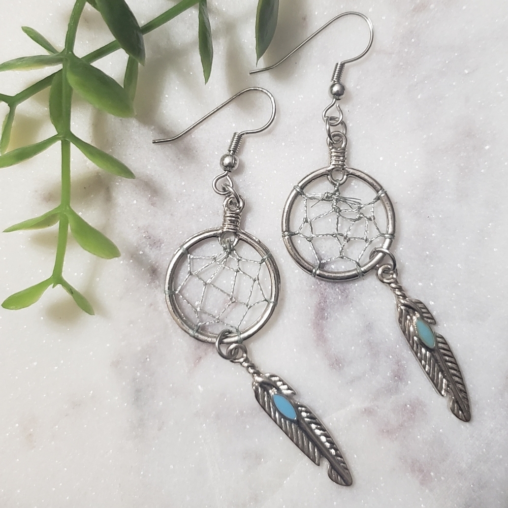Silver and Blue Dreamcatcher Pendant Earrings